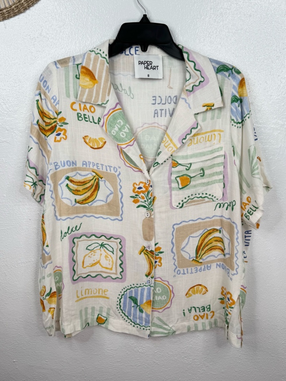 Paper Heart Button-Up Oversize Shirt Womens Size S Ivory Fruit Print Camp Collar